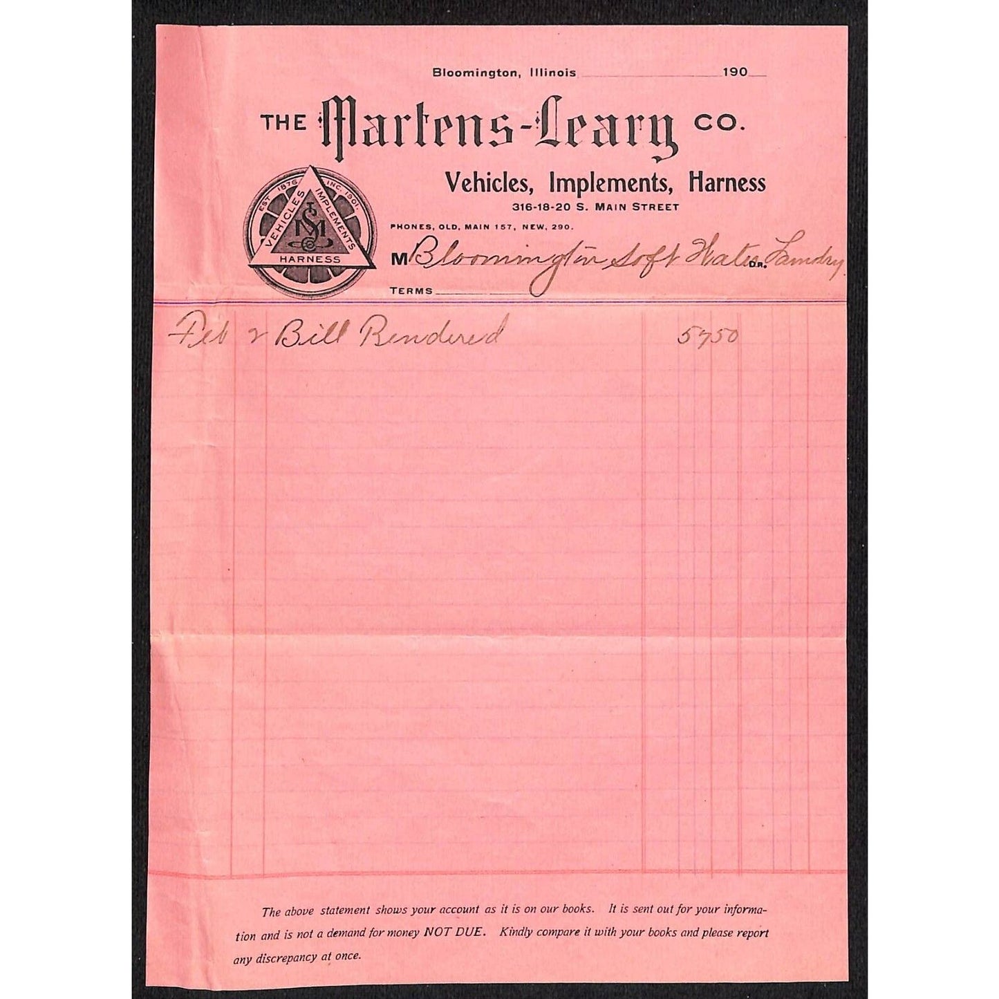 Martens-Leary Co. / C.C. Martins Bloomington, IL 1903 Adv. Letterhead & Cover*