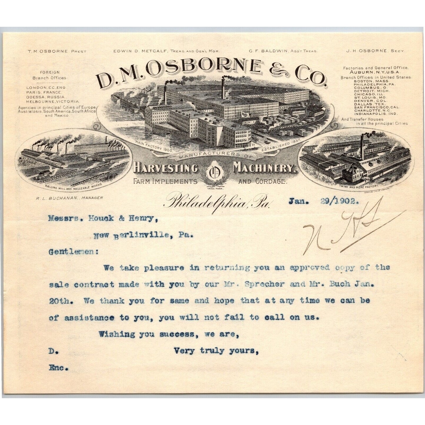 D.M. Osborne & Co. (IH*) Harvesting Machinery Phila. Jan. 29 1902 Letterhead