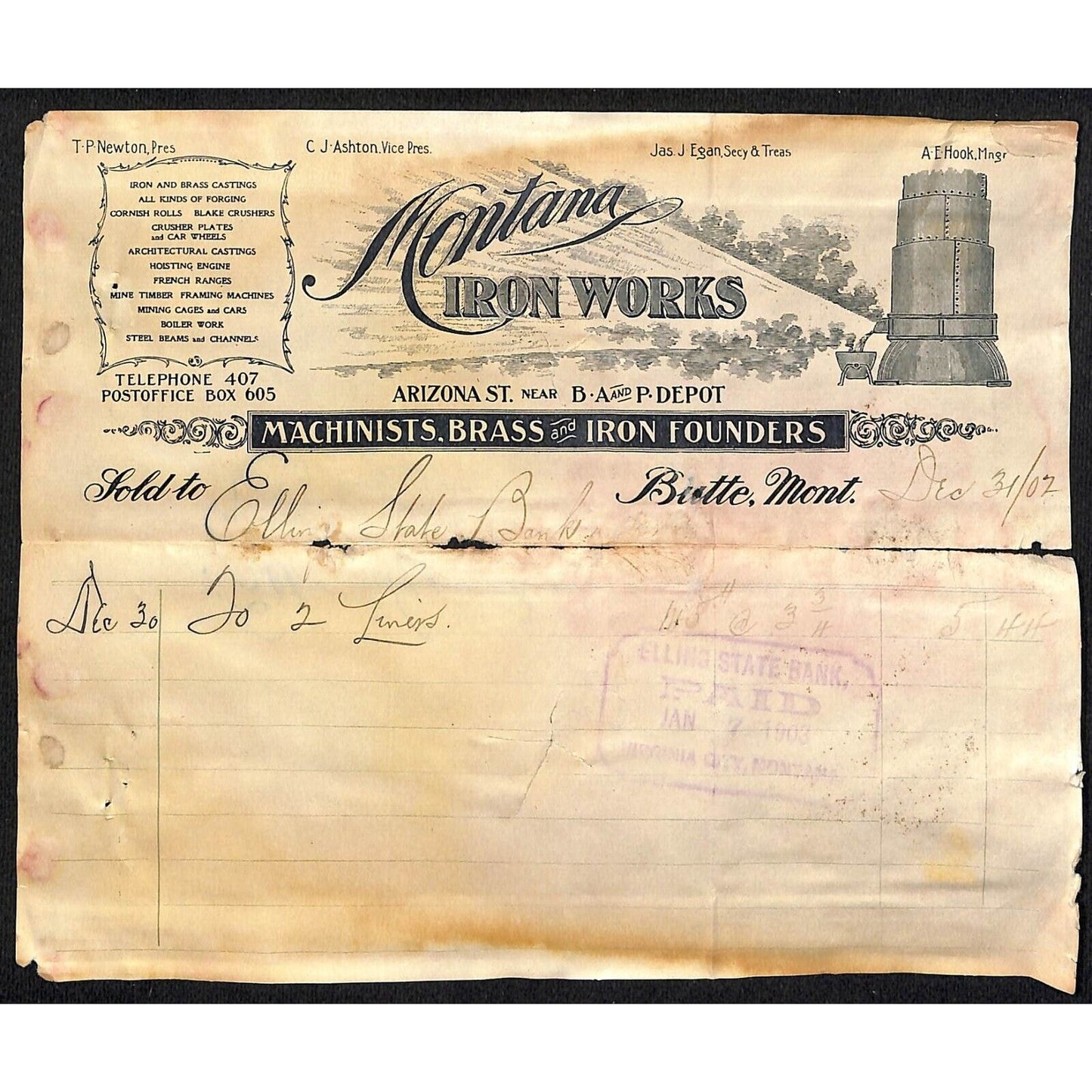 Montana Iron Works Machinists 1902 Billhead Butte, MT Henry Elling** w/ Vignette