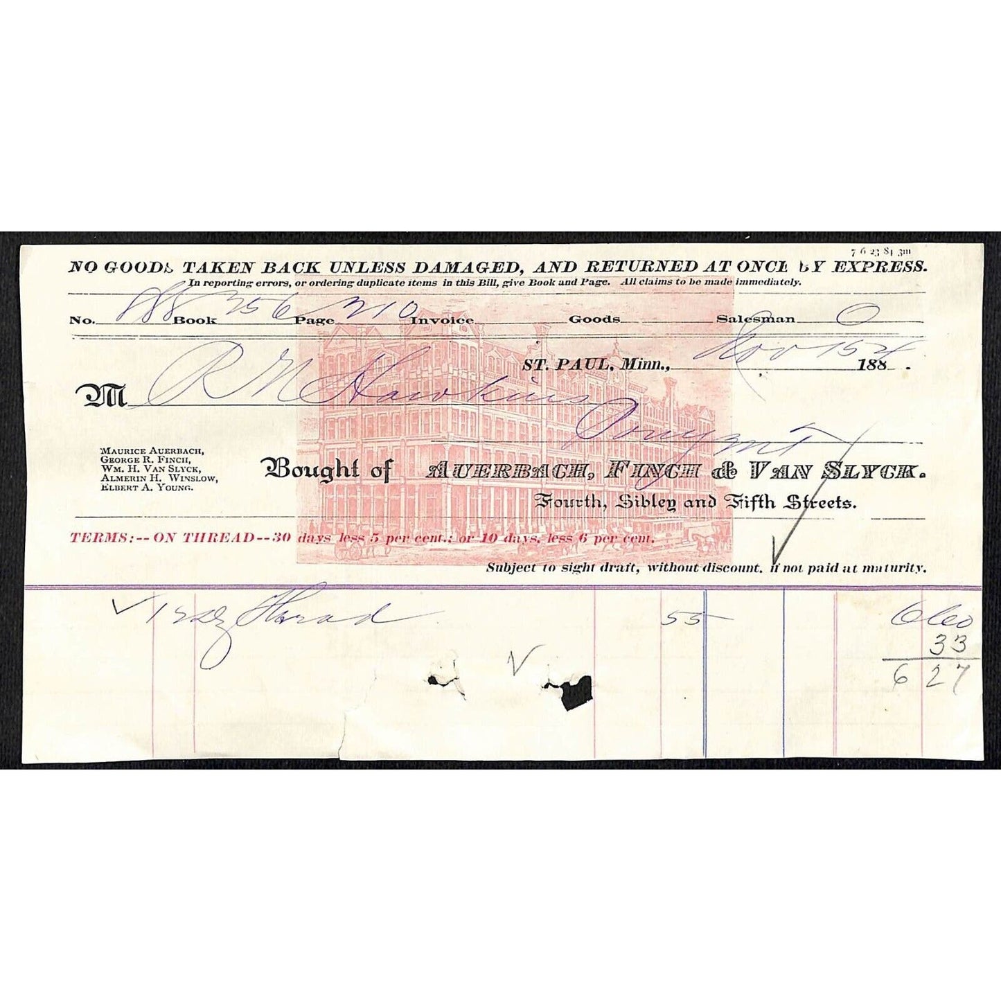 Auerbach, Finch & Van Slyck (Dry Goods) St. Paul, MN 188x 1880's Billhead