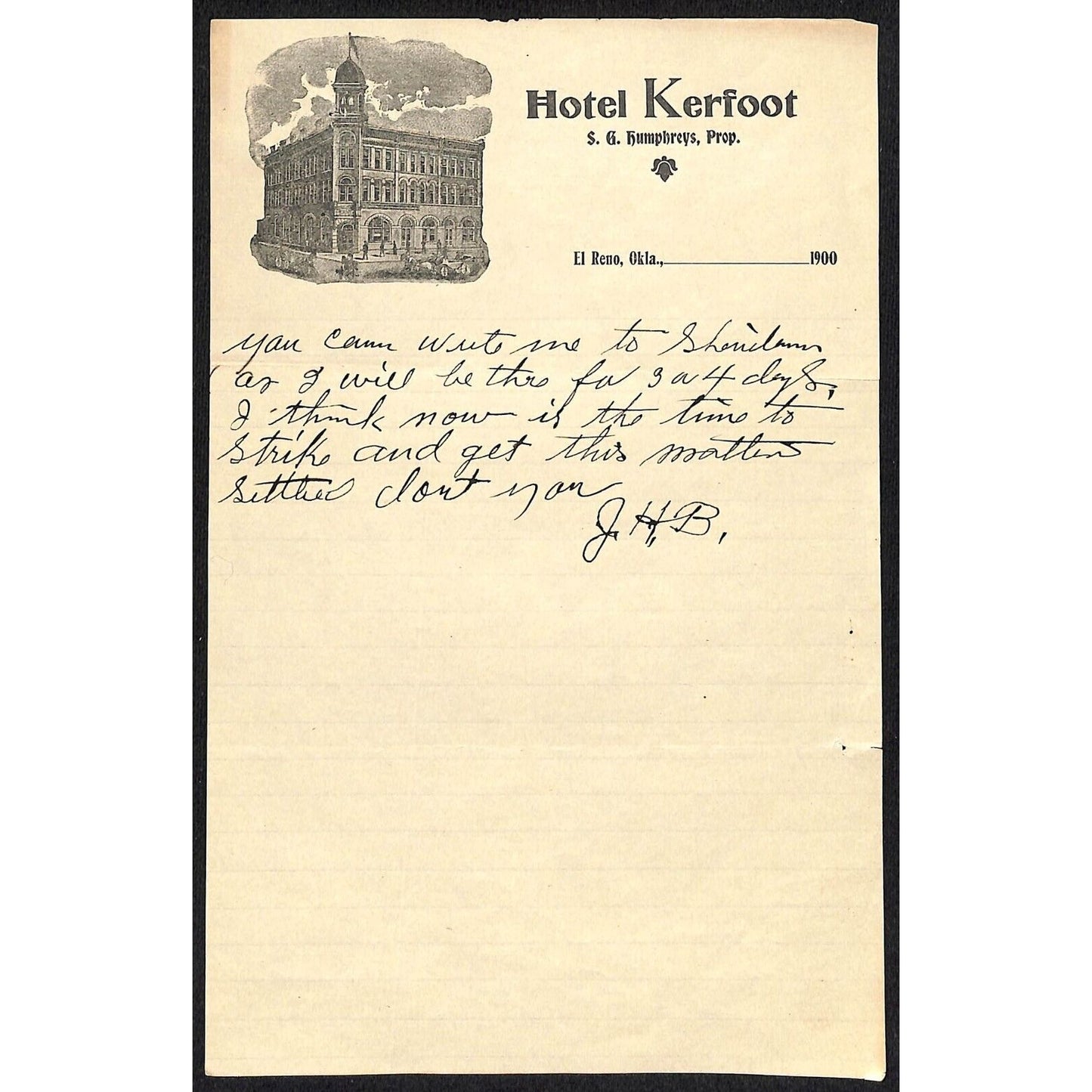 1900 Hotel Kerfoot S.G. Humphreys El Reno, OK Indian Territory Letterhead