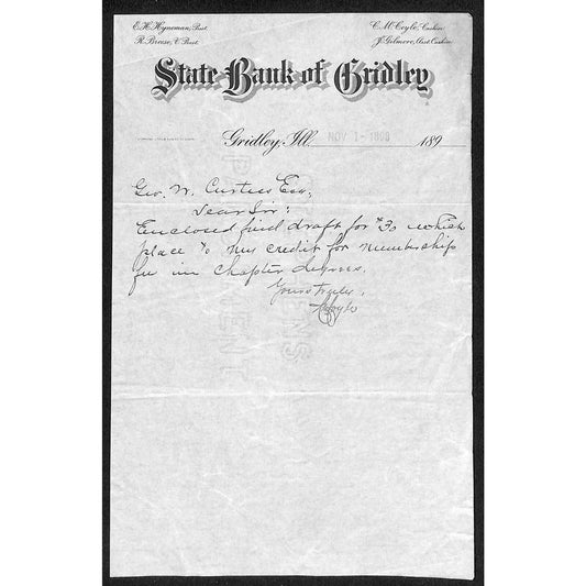 Gridley, IL State Bank of Gridley 1898 ALS re: $30 Membership Payment