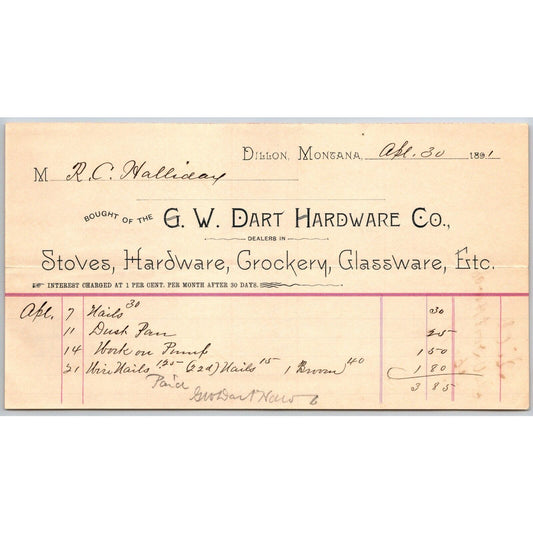 Dillon MT G.W. Dart Hardware Co. 1891 Billhead Crockery Stoves R.C. Halliday*