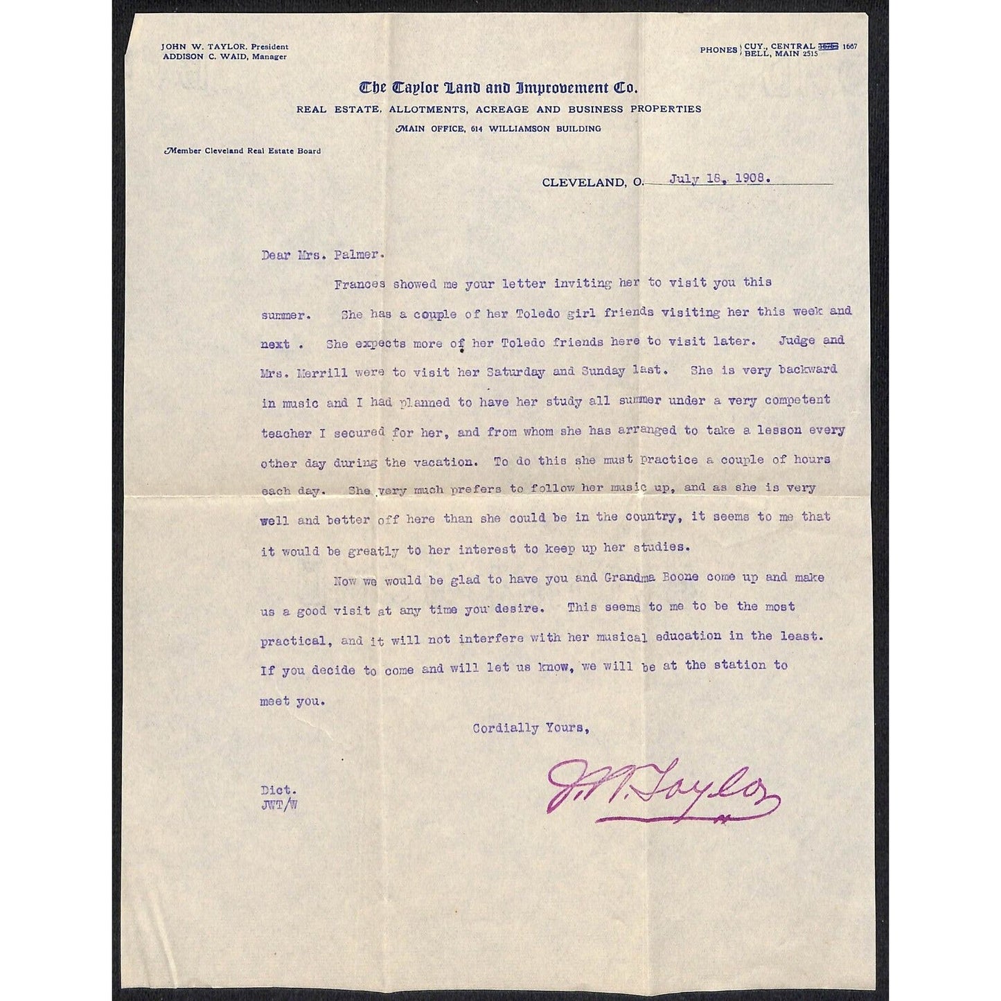 Taylor Land & Improvement Co. Cleveland 1908 Letterhead "She is Very Backward..