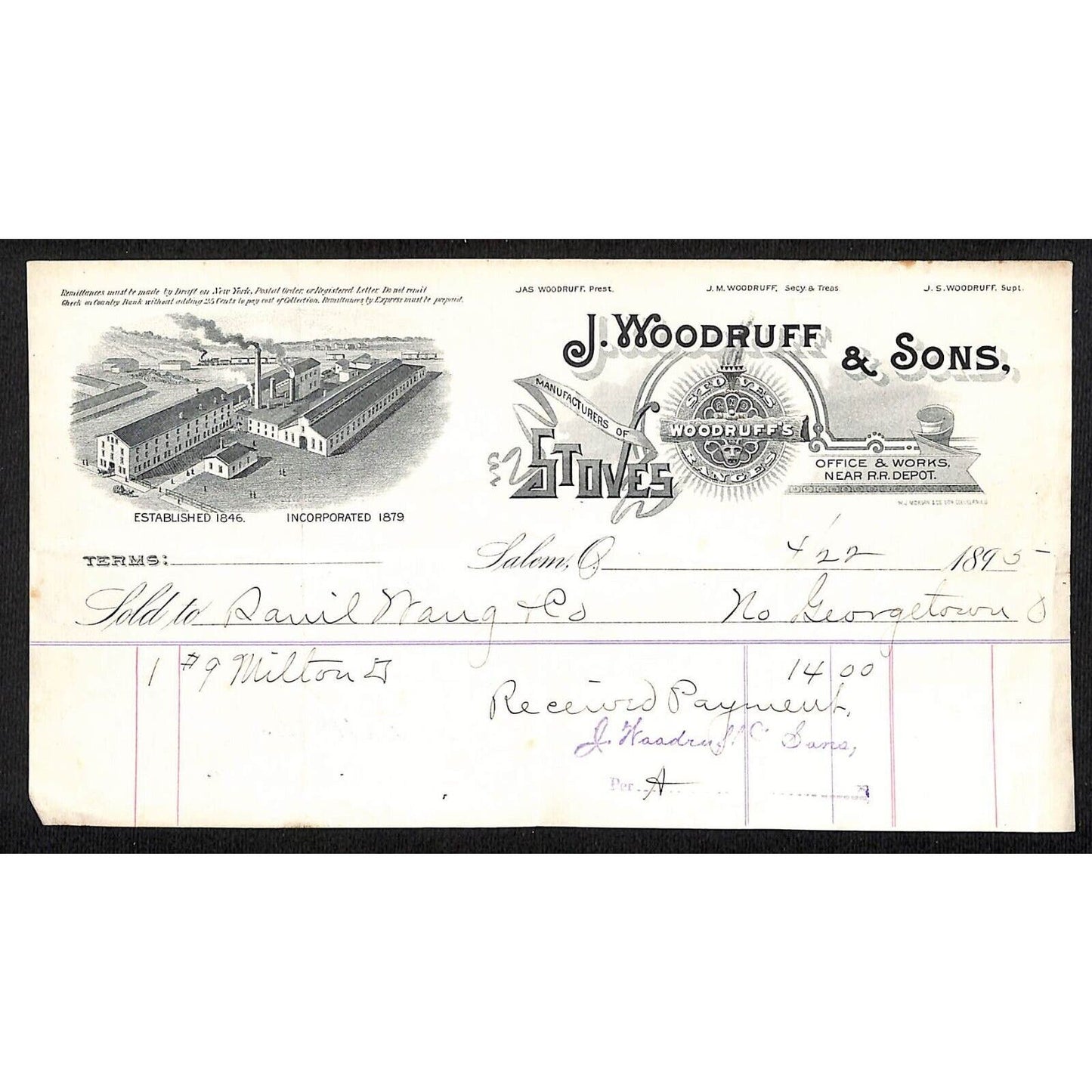J. Woodruff & Sons Stoves Ranges 1895 Billhead Samuel Wang* N. Georgetown OH