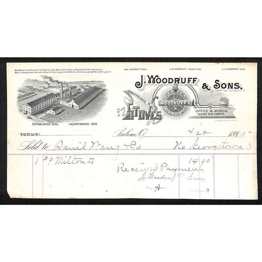 J. Woodruff & Sons Stoves Ranges 1895 Billhead Samuel Wang* N. Georgetown OH