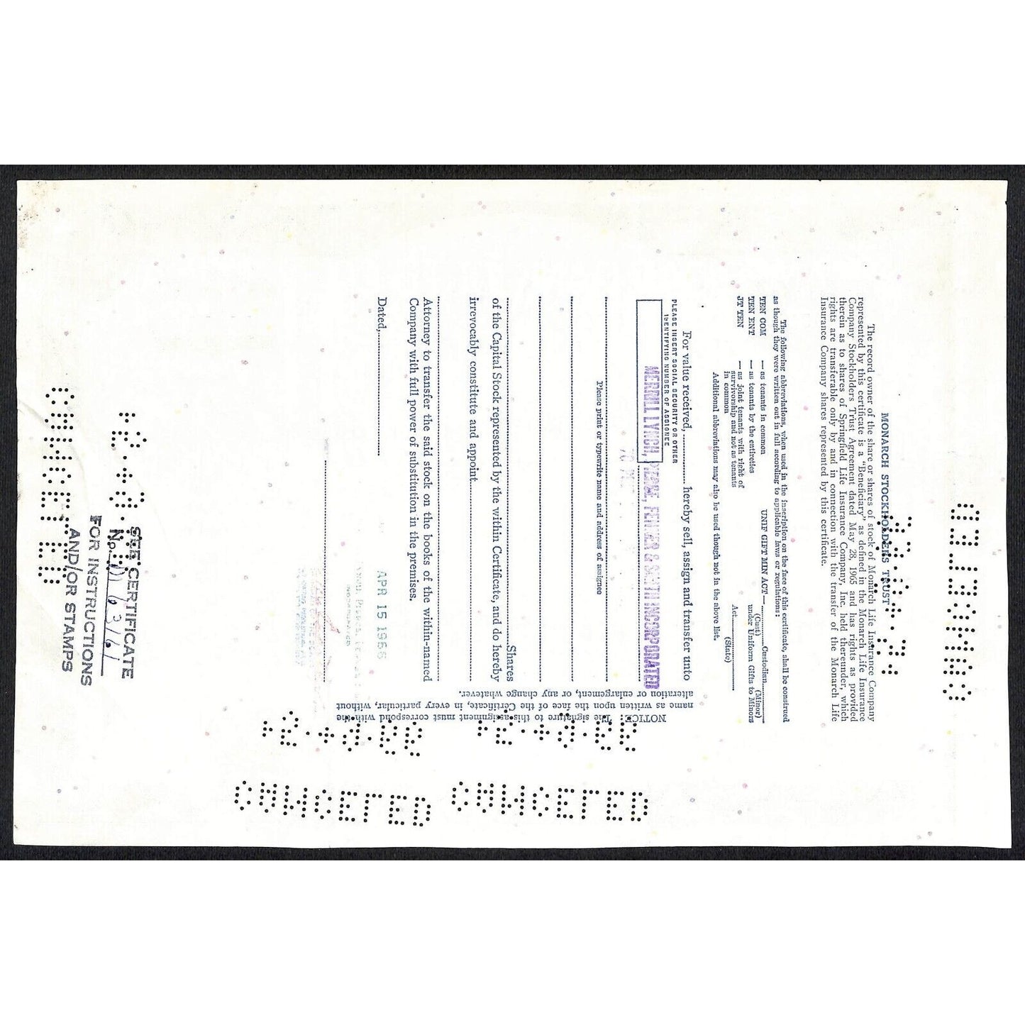 Monarch Life Insurance Co. Springfield, MA 1966 Stock Certificate