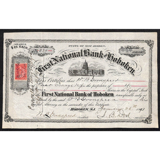 First National Bank of Hoboken 1893 Stock Certificate W.B. Goodspeed (Cashier)