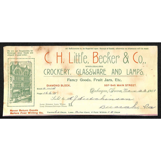 C.H. Little, Becker Co. Crockery Lamps Hutchinson Decorah IA* Cut 1901 Billhead