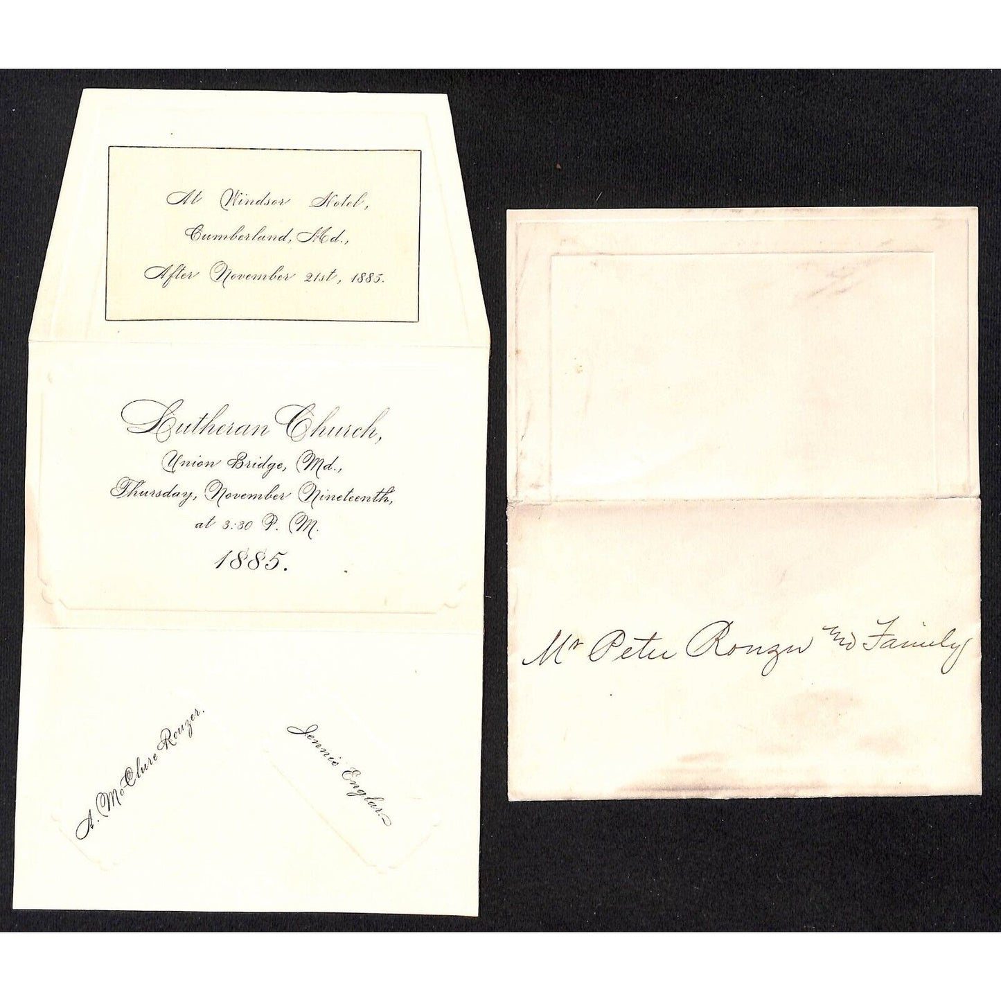 1885 Lutheran Church Union Bridge Wedding Invitation A. McClure Rouzer / Englar