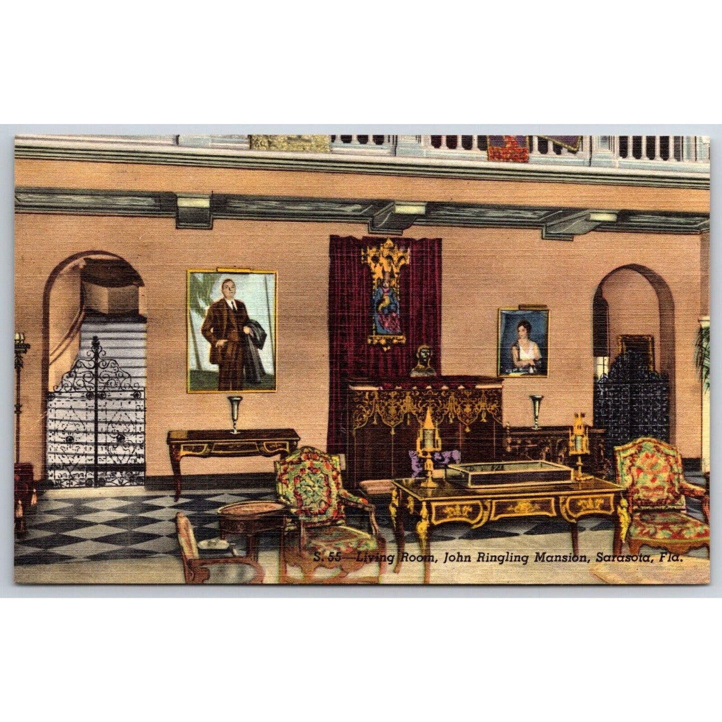 Living Room John Ringling Mansion Sarasota, FL Linen Postcard c1935-50 NP VGC