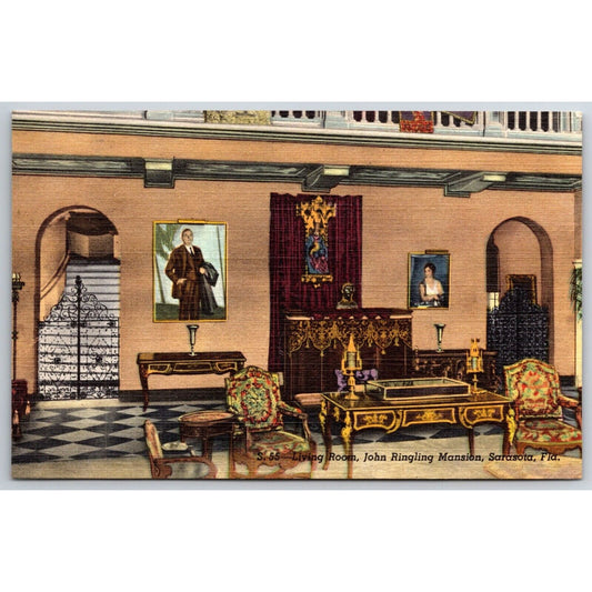 Living Room John Ringling Mansion Sarasota, FL Linen Postcard c1935-50 NP VGC