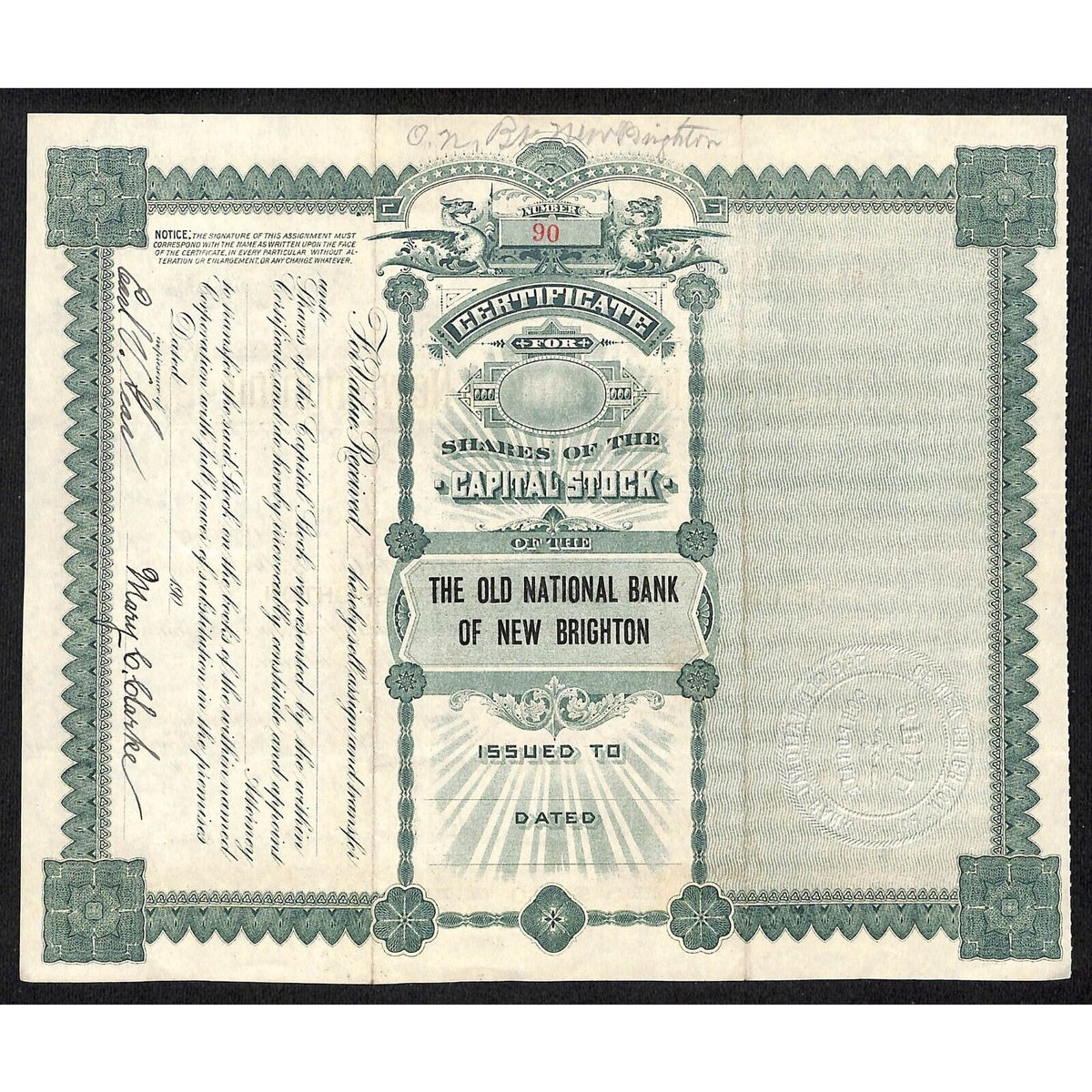 The Old National Bank of New Brighton PA 1906 Stock Certificate Mary C. Clarke