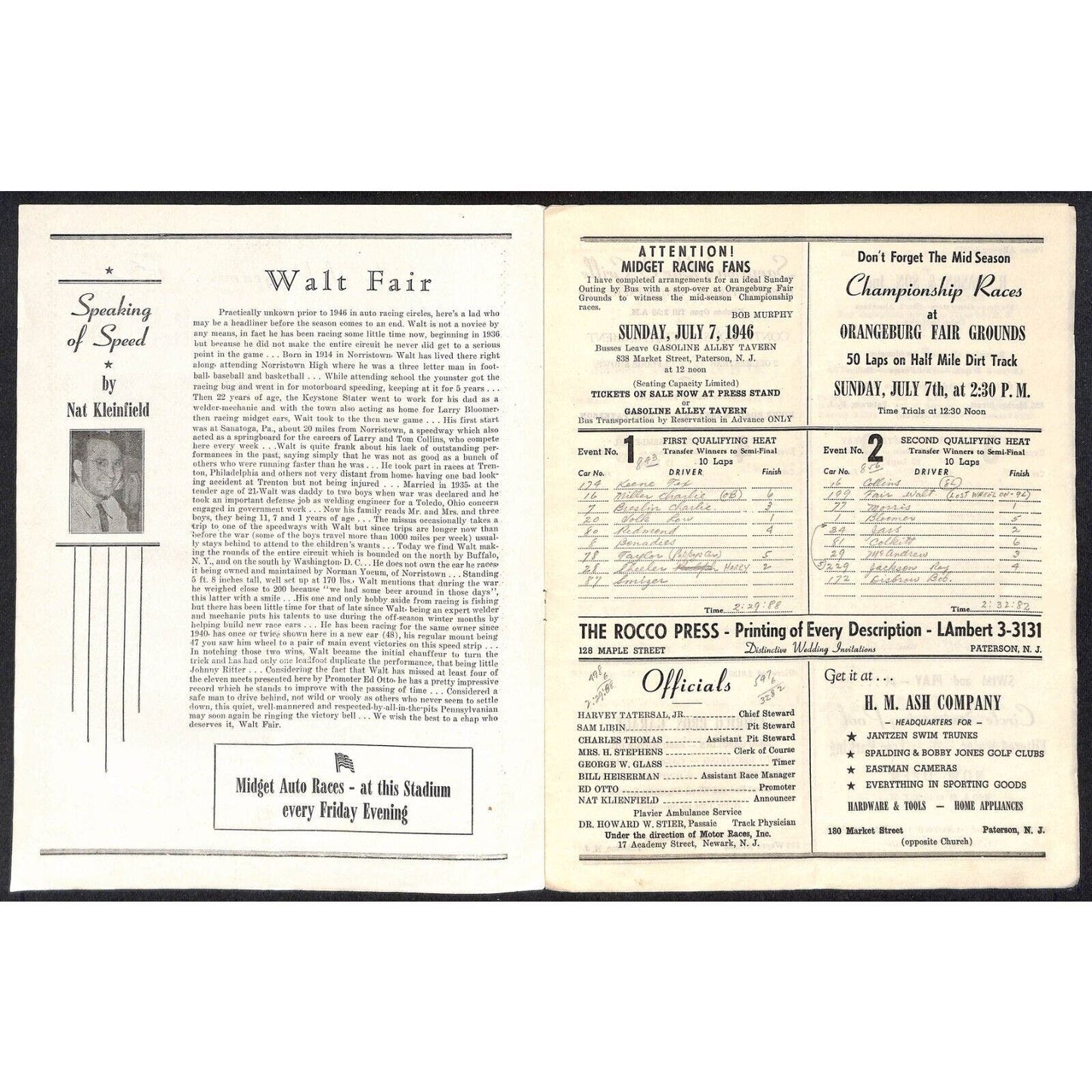 Hinchliffe Stadium Midget Auto Races 7/5/1946 Program Walt Fair 4pp Scarce