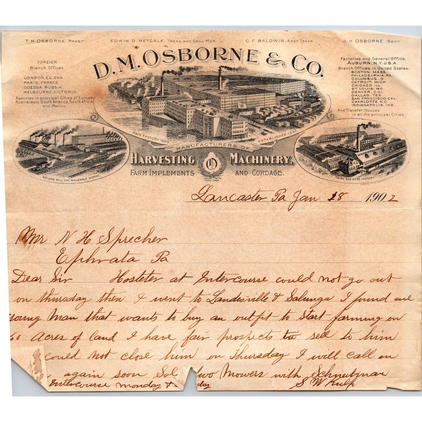 D.M. Osborne & Co. (IH*) Harvesting Machinery Jan. 18 1902 Letterhead ALS