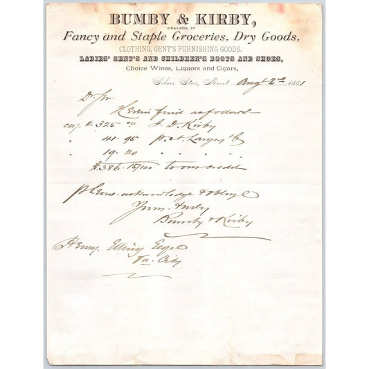 Bumby & Kirby Dry Goods Silver Star, MT 1881 Billhead Letterhead Henry Elling*