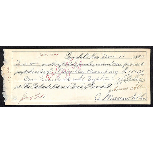 1890 Packard National Bank Greenfield MASS Bradley & Company NY Promissory Note