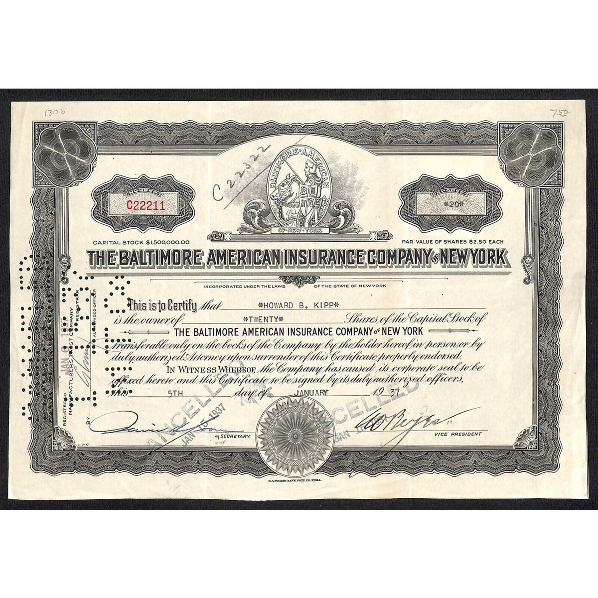 The Baltimore American Insurance Co of NY 1937 Stock Certificate Howard B. Kipp