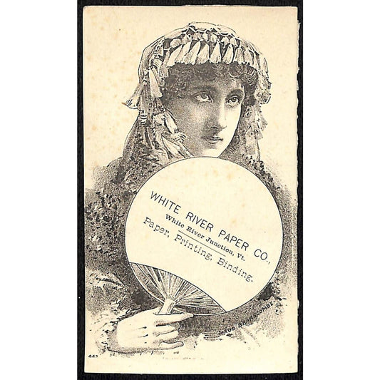 White River Paper Co. White River, VT Victorian Trade Card Woman w/ Hand Fan