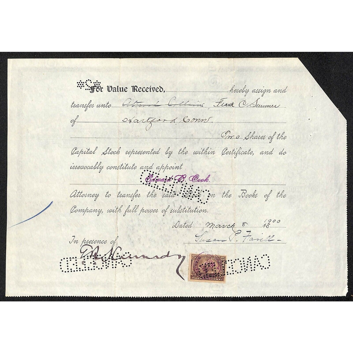 Phoenix Insurance Company of Connecticut 1897 Stock Certificate Susan Fanill ?