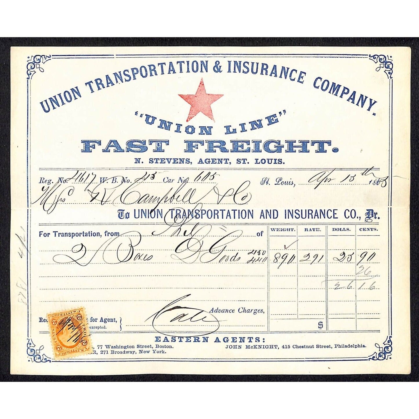Union Transportation & Ins. Co. PRR Waybill #45 "Union Line" Fast Freight 1865