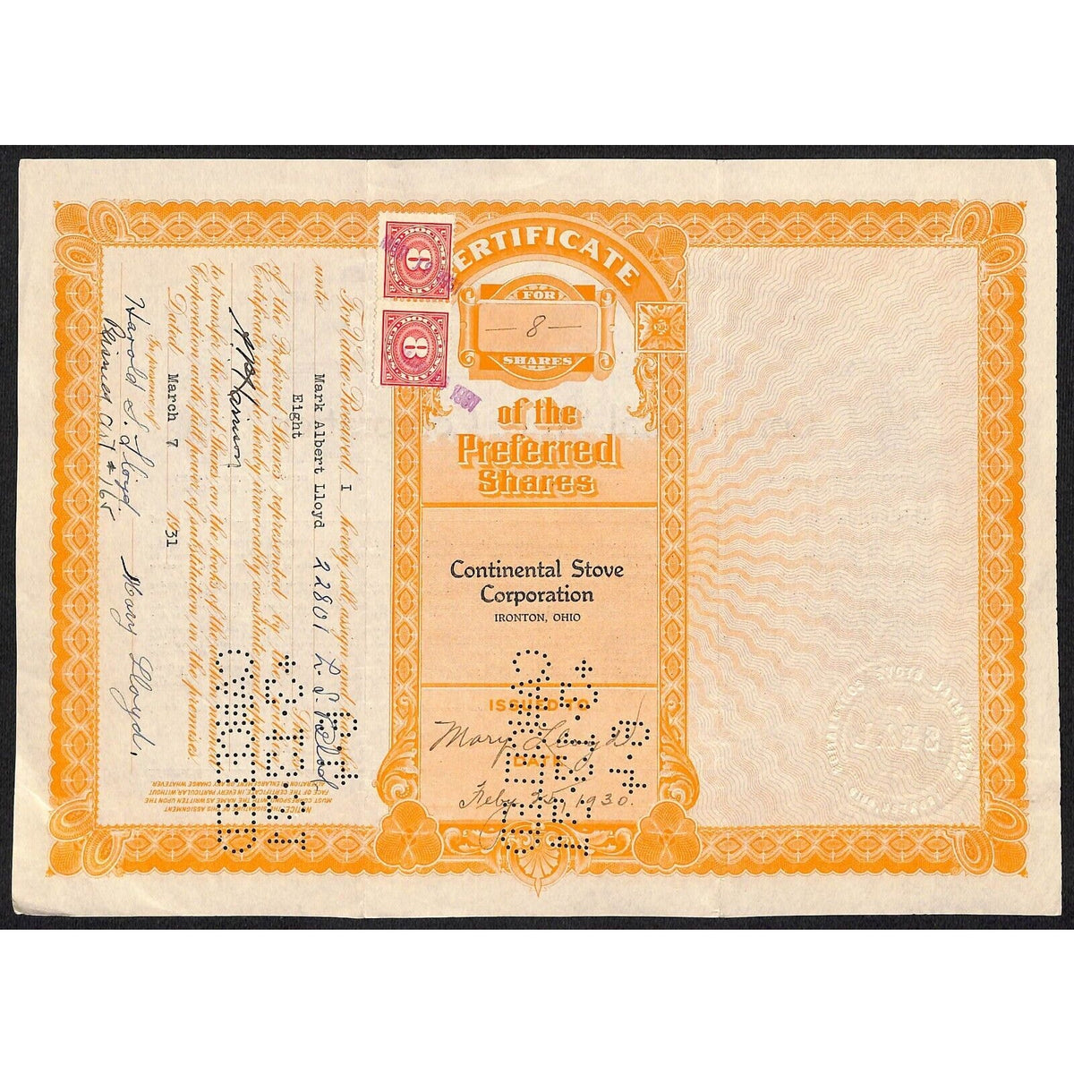 The Continental Stove Corp. Ironton, OH 1930 Stock Certificate Mary Lloyd #142