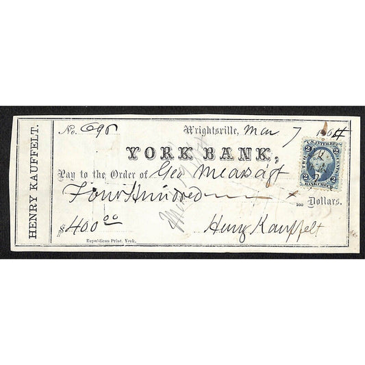 York Bank Wrightsville Henry Kauffelt 1864 $400 Bank Check - Scarce