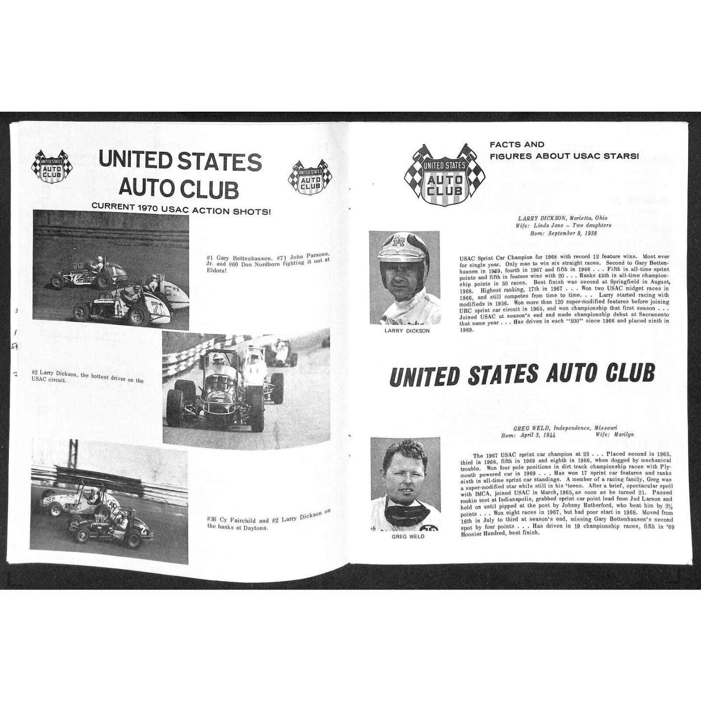 Reading Fairgrounds 1970 Auto Races Program USAC Sprint Car Champion 12pp*