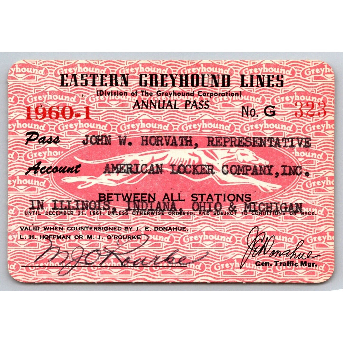 Eastern Greyhound Lines 1960-61 Annual / Yearly Bus Pass #323