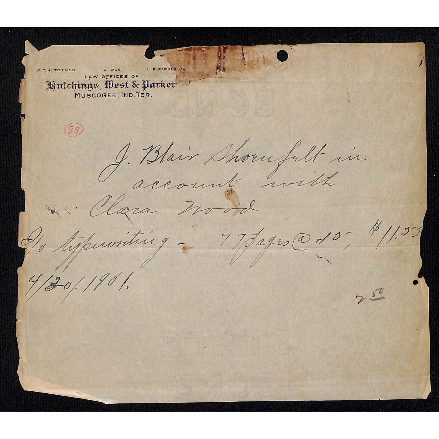 Hutchings, West & Parker Muscogee Indian Territory, OK 1901 Letterhead Typing