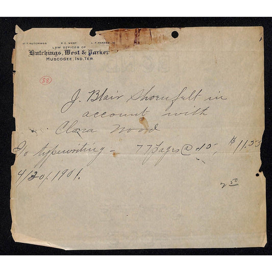 Hutchings, West & Parker Muscogee Indian Territory, OK 1901 Letterhead Typing