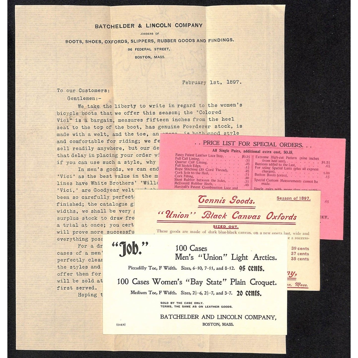 Batchelder & Lincoln Co. Boston 1897 Letterhead, Cards & Cover Bicycle Boots VGC