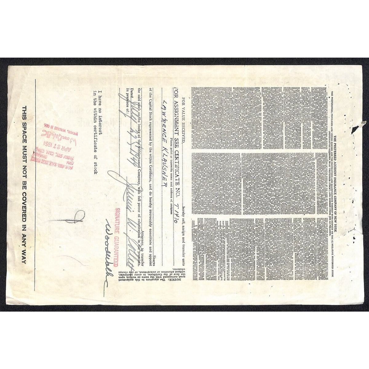 Preferred Accident Insurance Co. of New York 1947 "Textured" Stock Certificate