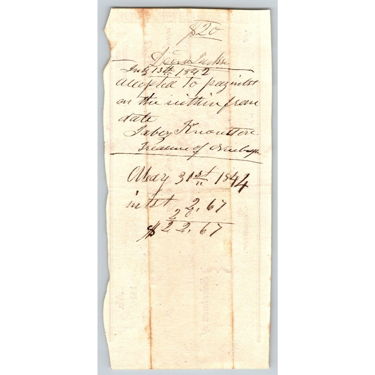 1842 Jabez Knowlton* Newburgh, ME - Town Check / Draft to David Jackson ? No.445
