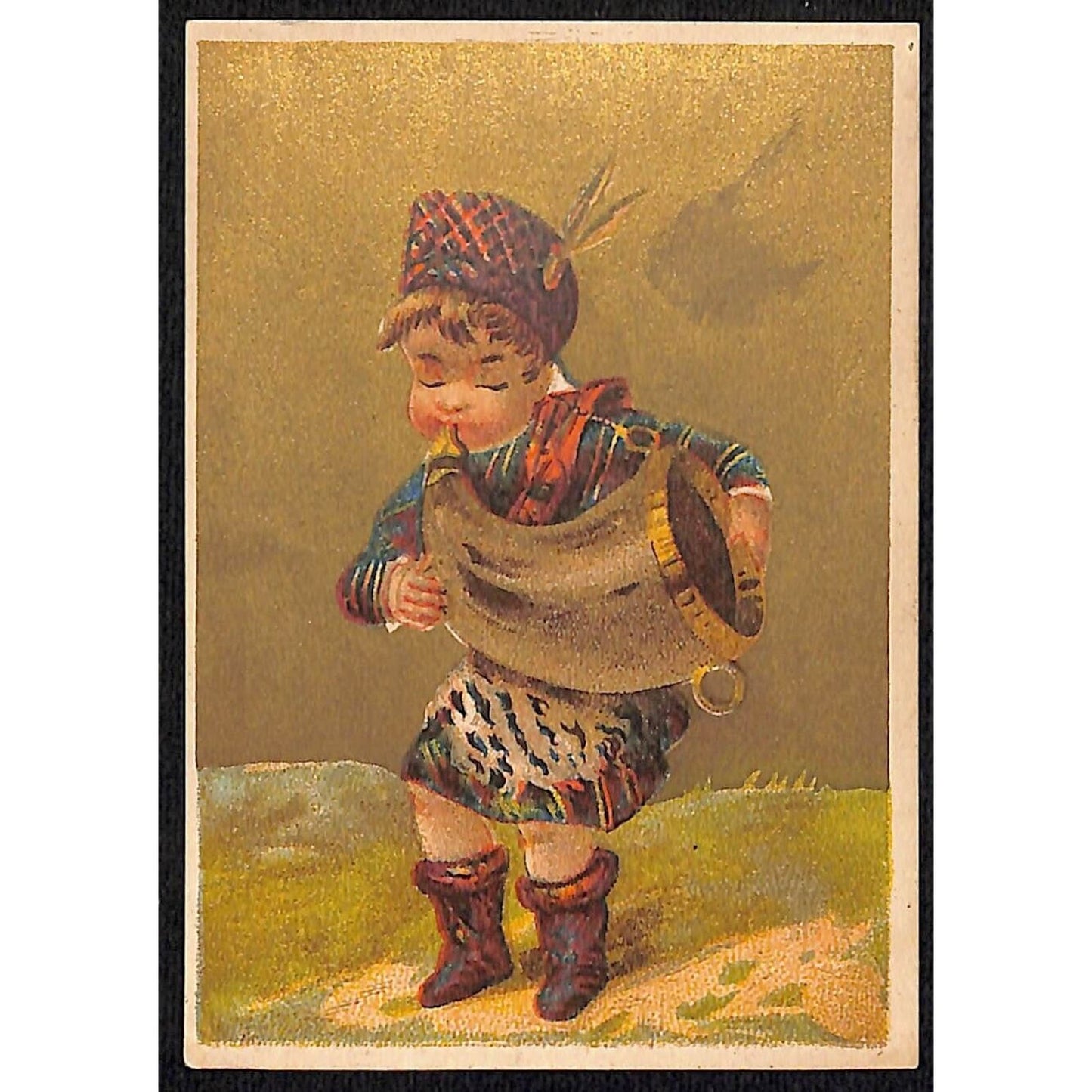 Demorest's Illustrated Magazine Victorian Trade Card Boy in Costume Blows Horn