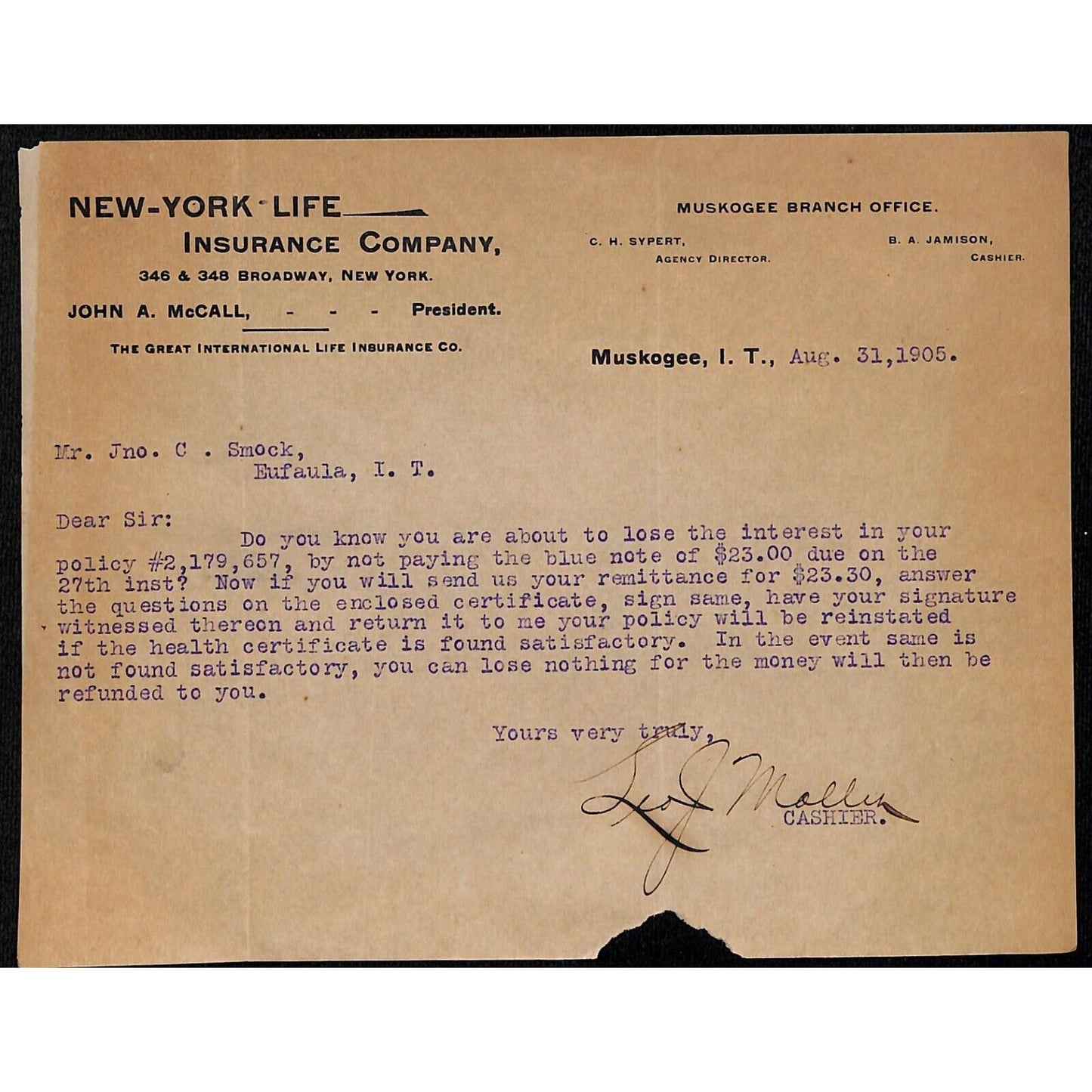 1905 New York Life Ins. Muskogee, OK Indian Territory TLS Letterhead Scarce