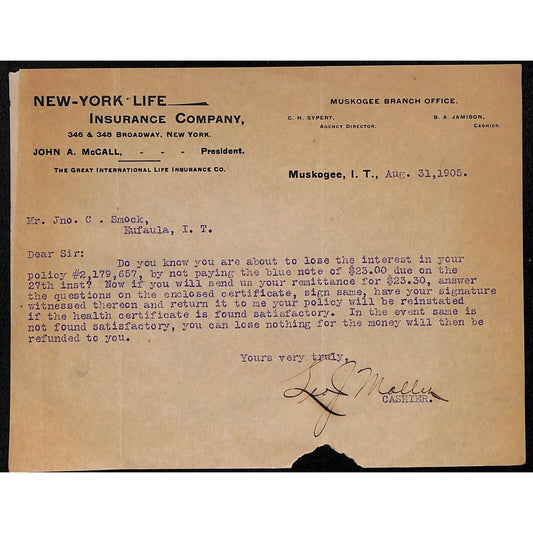 1905 New York Life Ins. Muskogee, OK Indian Territory TLS Letterhead Scarce