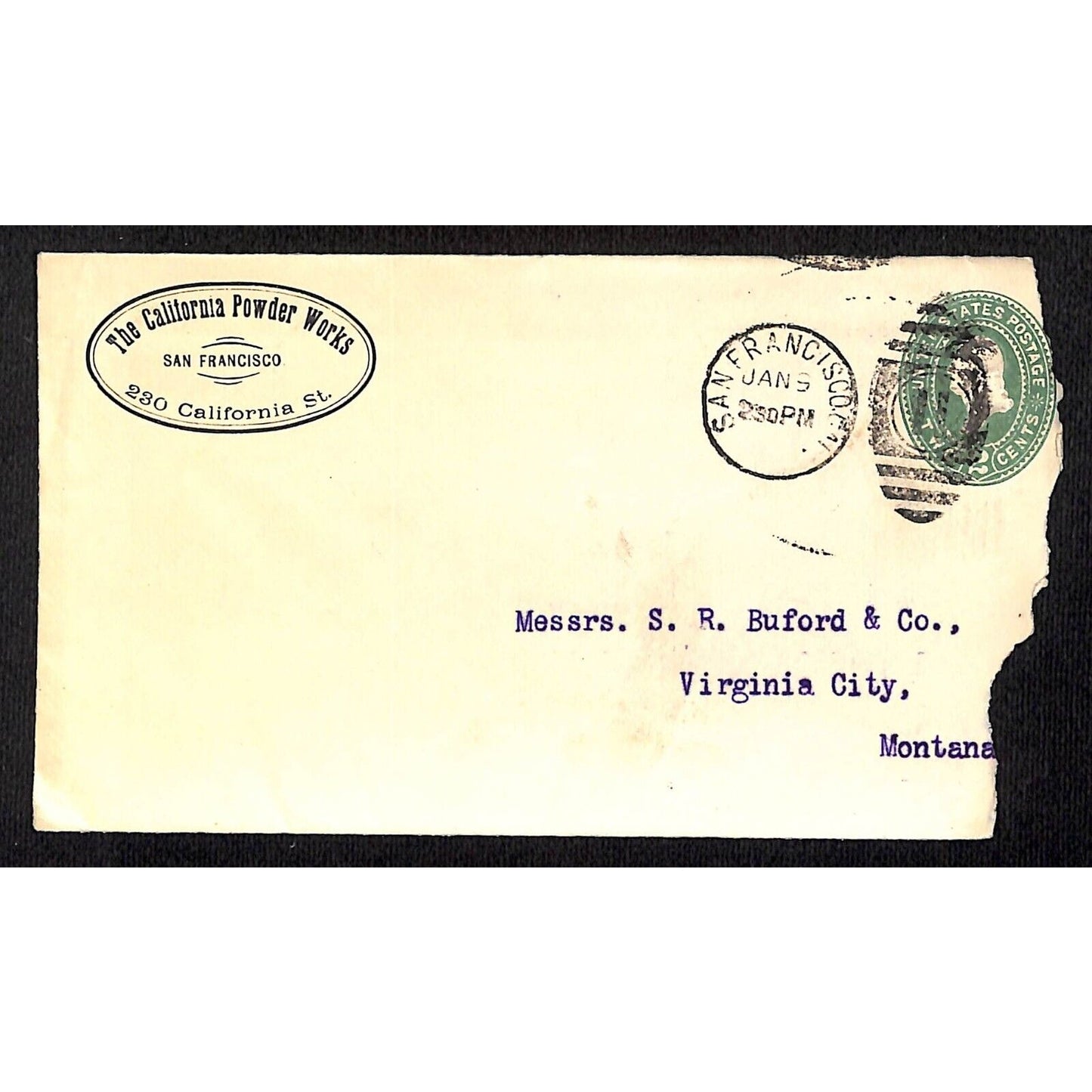 California Powder Works (Hercules) 1/9 1893 Cover S.R. Buford Virginia City, MT