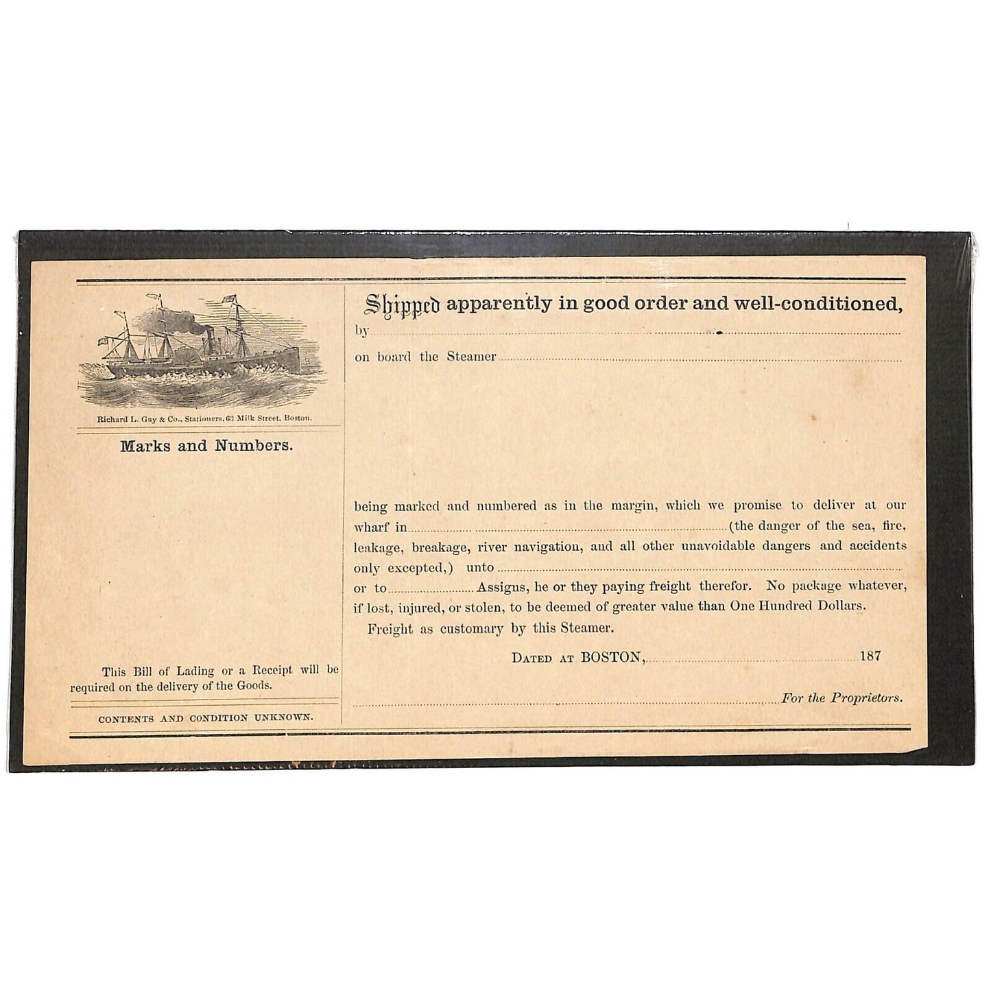 Boston Steamer 1870's 187x Unused Bill of Lading / Richard L. Gay Co. Stationers