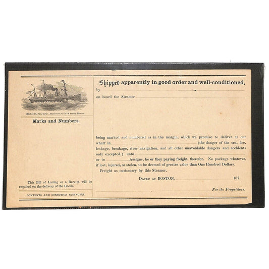 Boston Steamer 1870's 187x Unused Bill of Lading / Richard L. Gay Co. Stationers