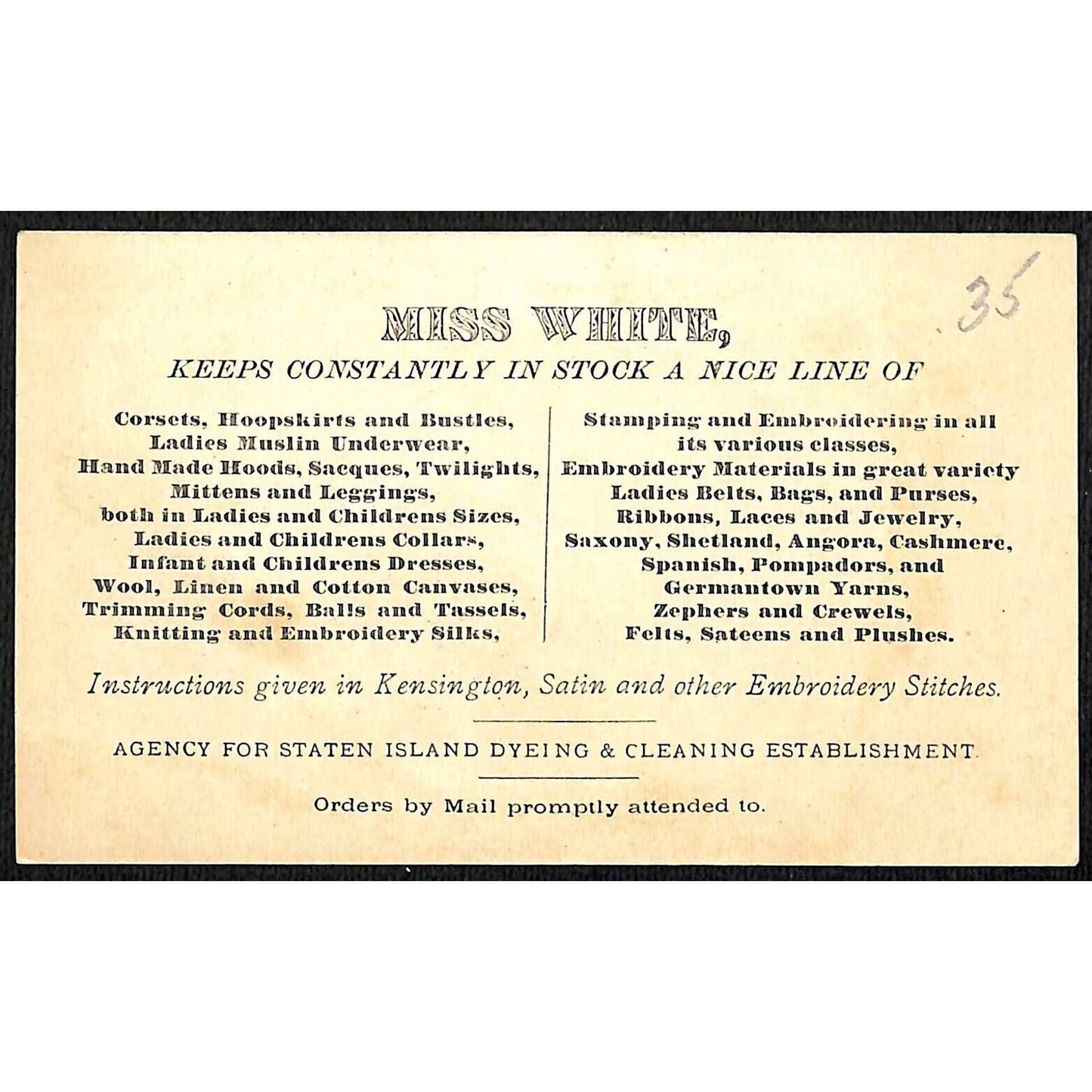 Miss M.D. White Utica, NY Ladies Furnishings Victorian Trade Card Shepherds ?