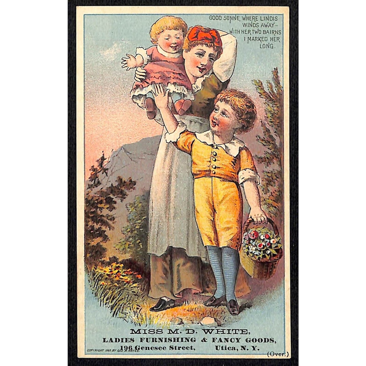 Miss M.D. White Utica, NY Ladies Furnishings Victorian Trade Card Woman Plays