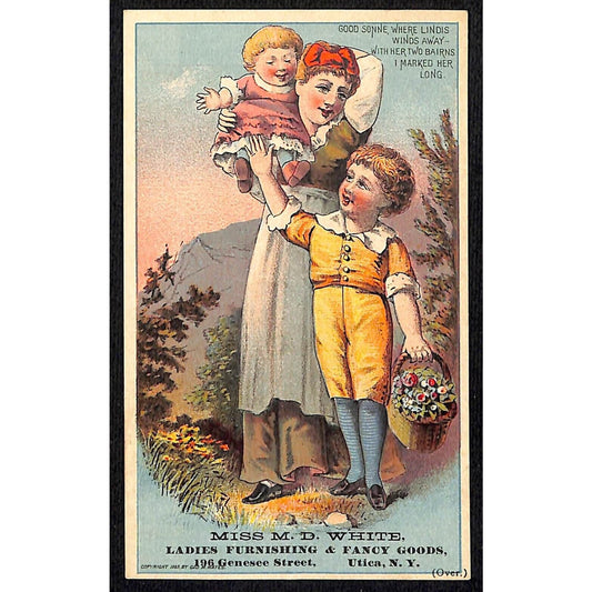 Miss M.D. White Utica, NY Ladies Furnishings Victorian Trade Card Woman Plays