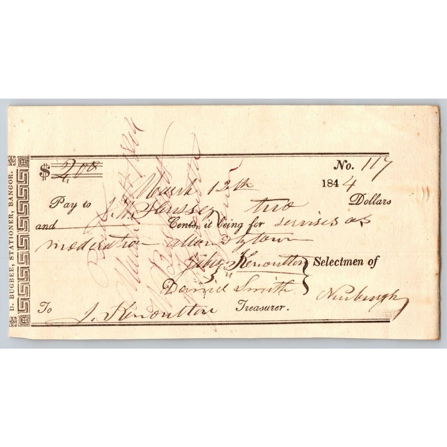 1844 Jabez Knowlton* Newburgh ME Town Check for Services as Moderator
