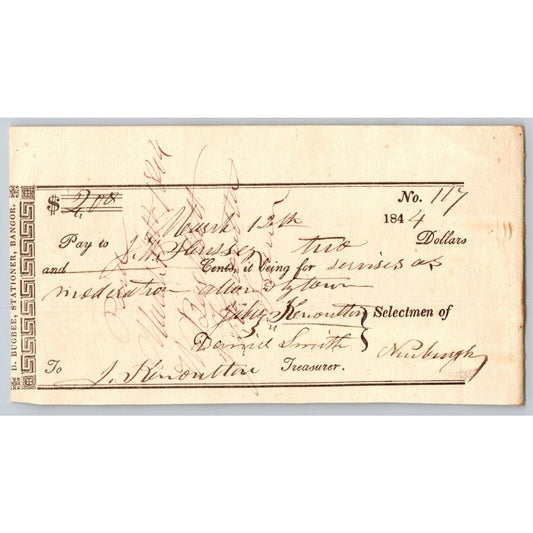 1844 Jabez Knowlton* Newburgh ME Town Check for Services as Moderator