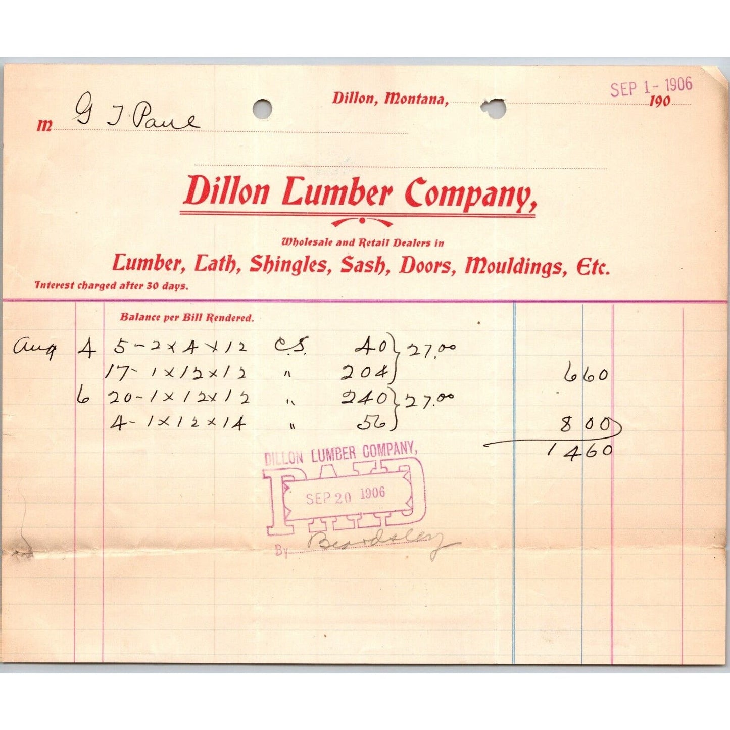 Dillon, MT Dillon Lumber Company Lath Shingles Sash Billhead G.T. Paul*