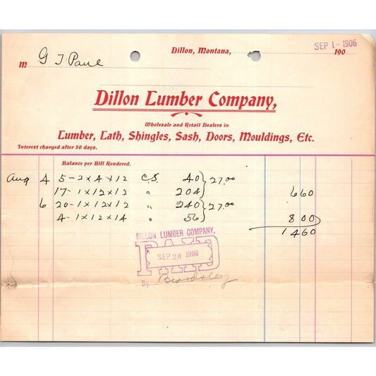Dillon, MT Dillon Lumber Company Lath Shingles Sash Billhead G.T. Paul*