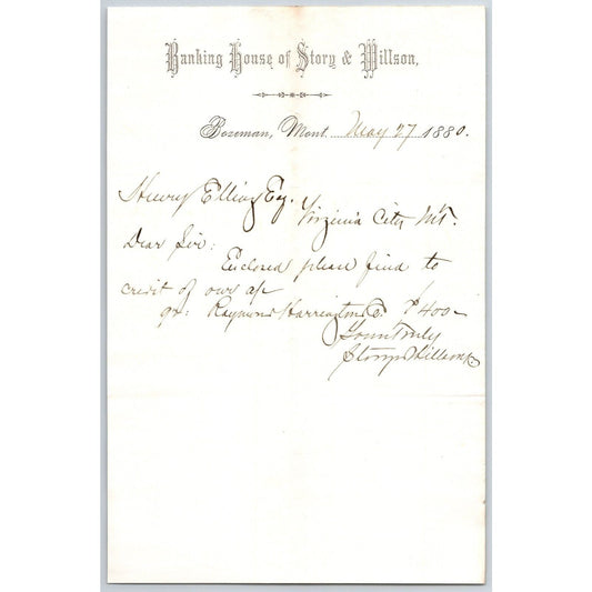 Banking House of Story & Nelson Bozeman, MT 5/27 1880 Letterhead Henry Elling*
