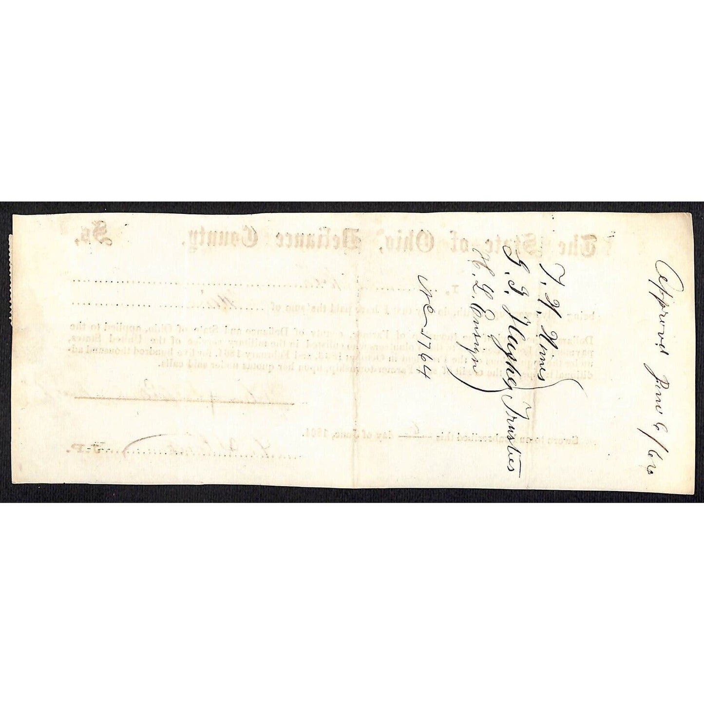 Civil War Farmer Township, OH Defiance 1864 Bounty Receipt - John Nolan