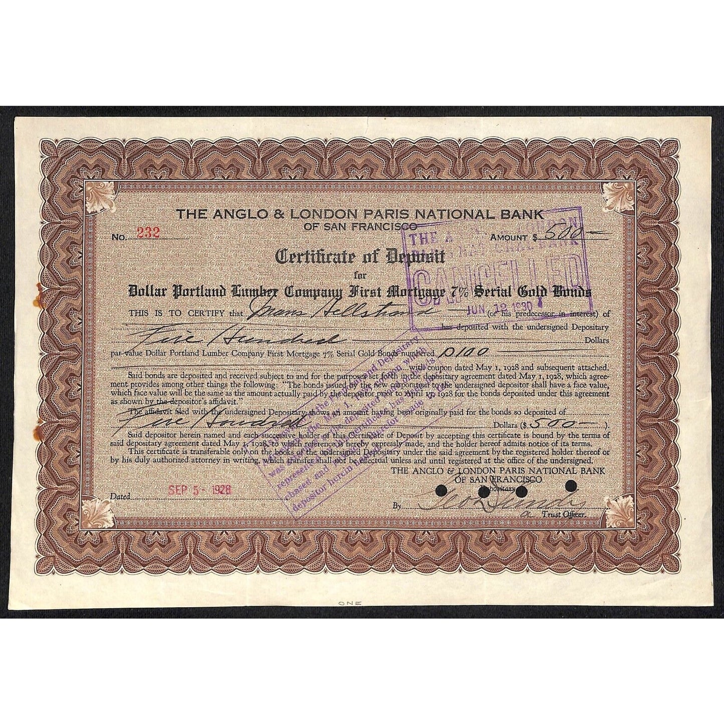 Anglo & London Paris National Bank of S.F. 1928 Certificate Deposit Hellstrand ?